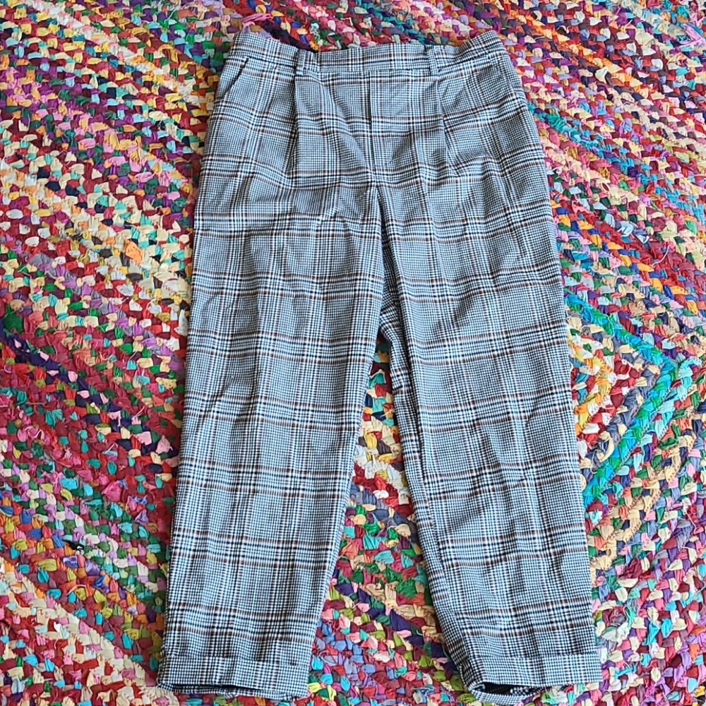 Pull-on black, white, & orange plaid pants size L